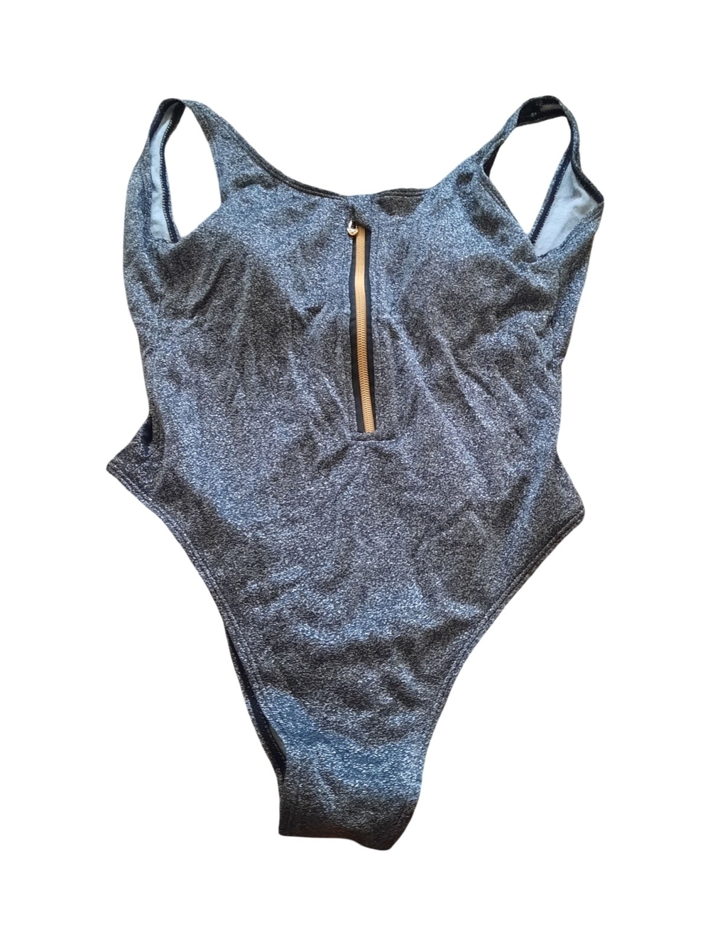 SHEIN Shimmery Silver-Black One-Piece Swimsuit with Front Zip